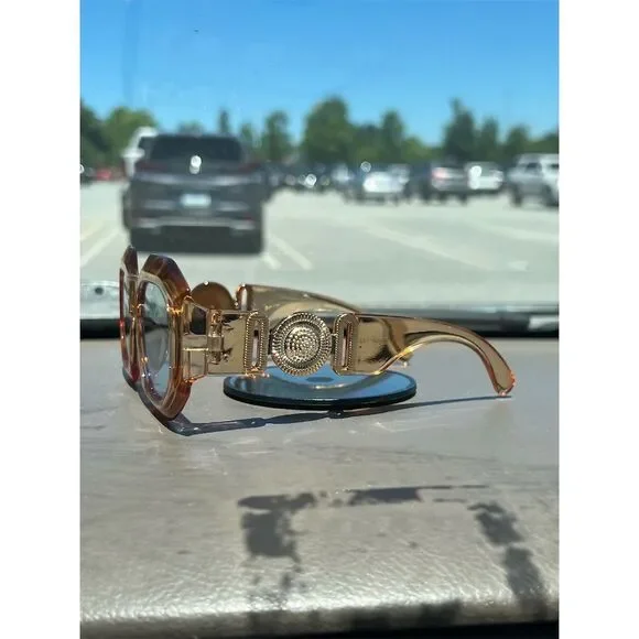 Unisex Sunglasses Transparent Gold Frame Blue Lenses Geometric S… - Picture 3 of 10